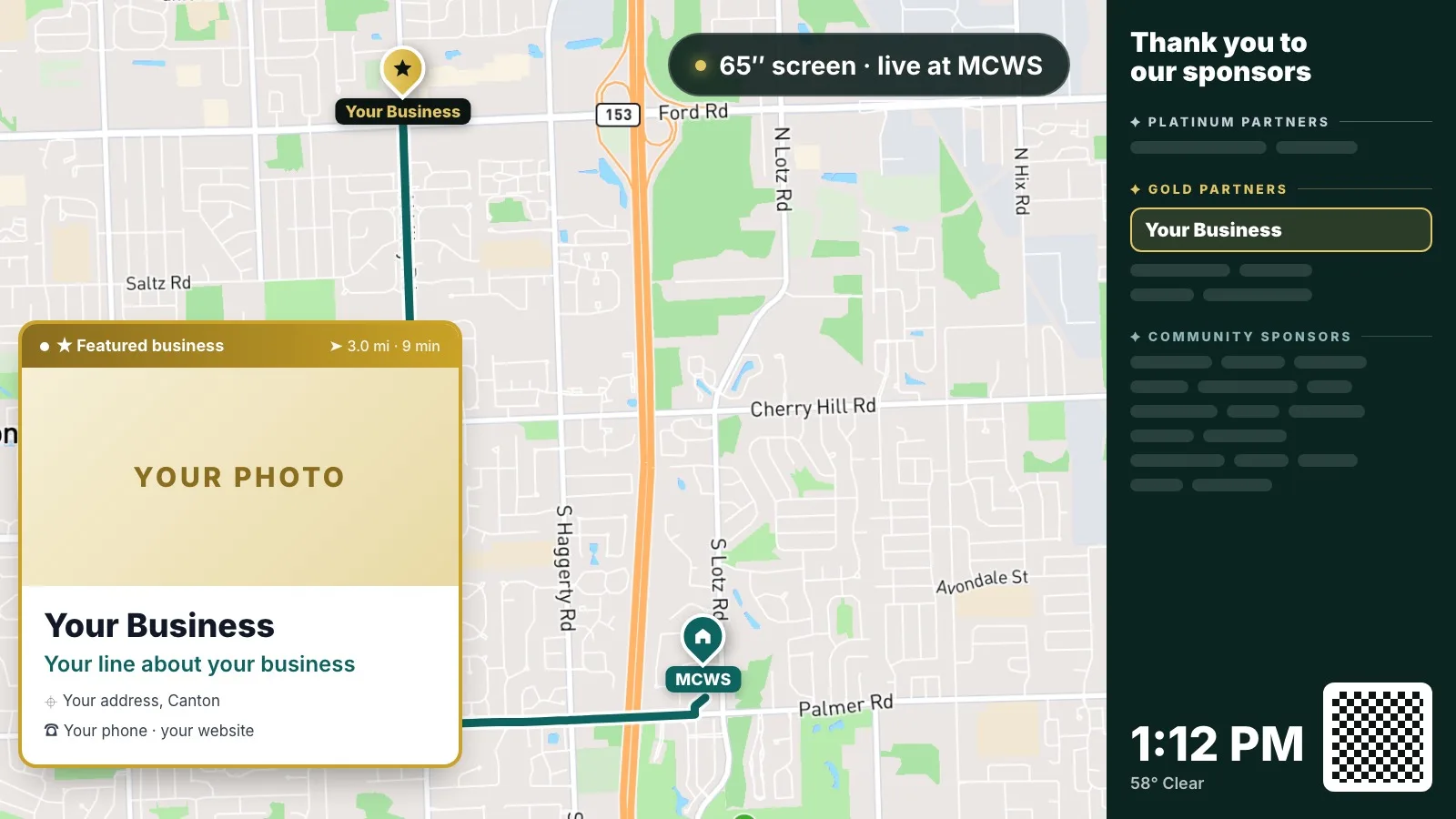 The display's layout: a map with a featured business card and its route from the masjid, and a sponsor board with the time, the weather and a QR code